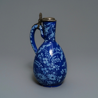 A rare Dutch Delft 'Persian blue' pewter-mounted jug, 17/18th C.